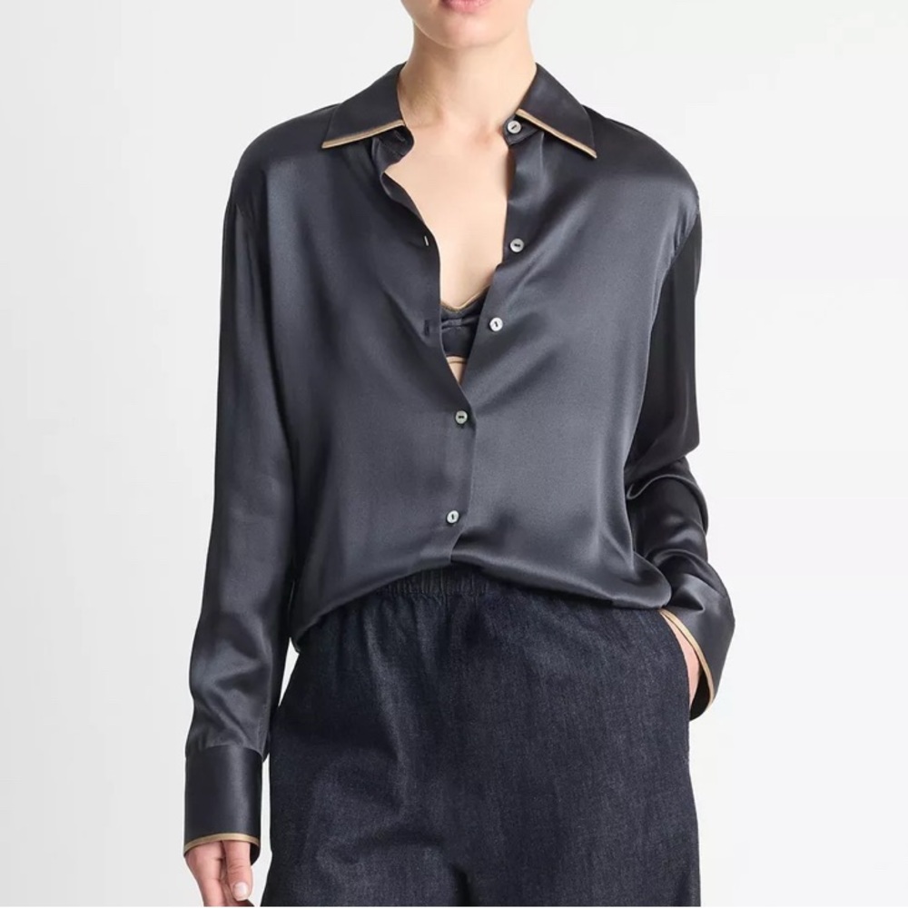 💎NWT💎Tipped Collar Silk Button-Up Shirt